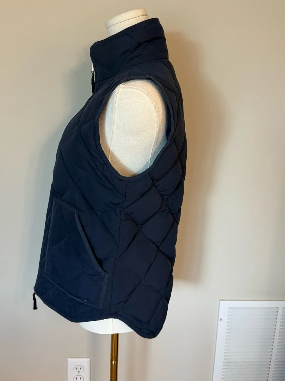 J. Crew XS Navy Blue Quilted Down Puffer Vest Gold Zip Preppy